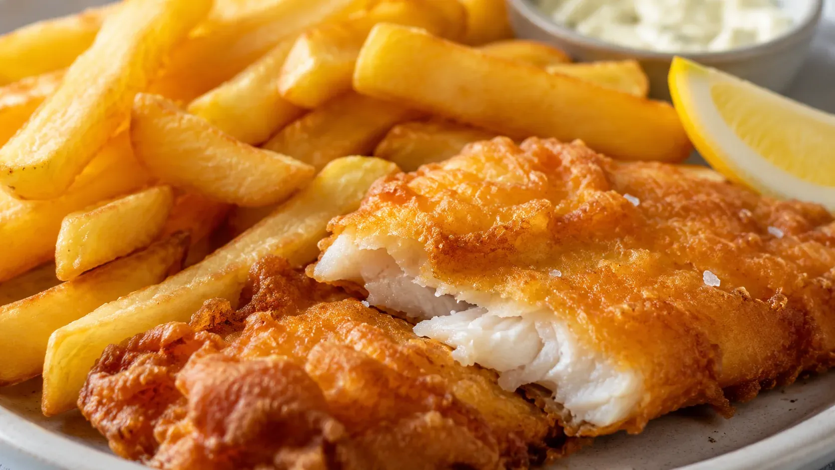 Close-up of a piece of golden battered fish broken open to show flaky white flesh, with thick chips, a lemon wedge and a pot of tartare sauce.