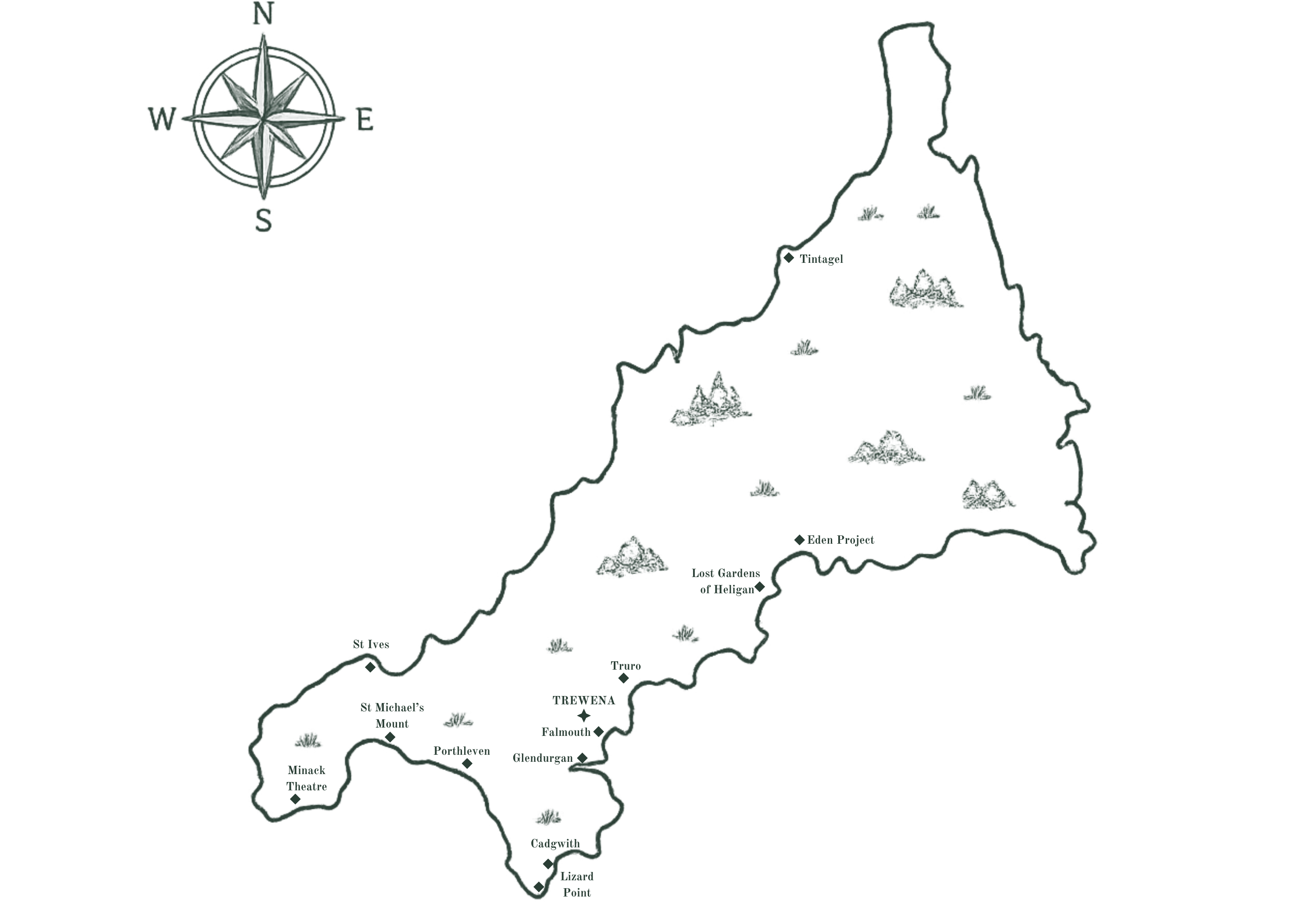 Hand-drawn pen-and-ink map of Cornwall with a compass rose, inland topography sketched in, and Trewena marked centrally. Twelve labelled destinations within an hour or so: Tintagel, Eden Project, Lost Gardens of Heligan, Truro, Falmouth, Glendurgan, St Ives, St Michael's Mount, Minack Theatre, Porthleven, Cadgwith and Lizard Point.