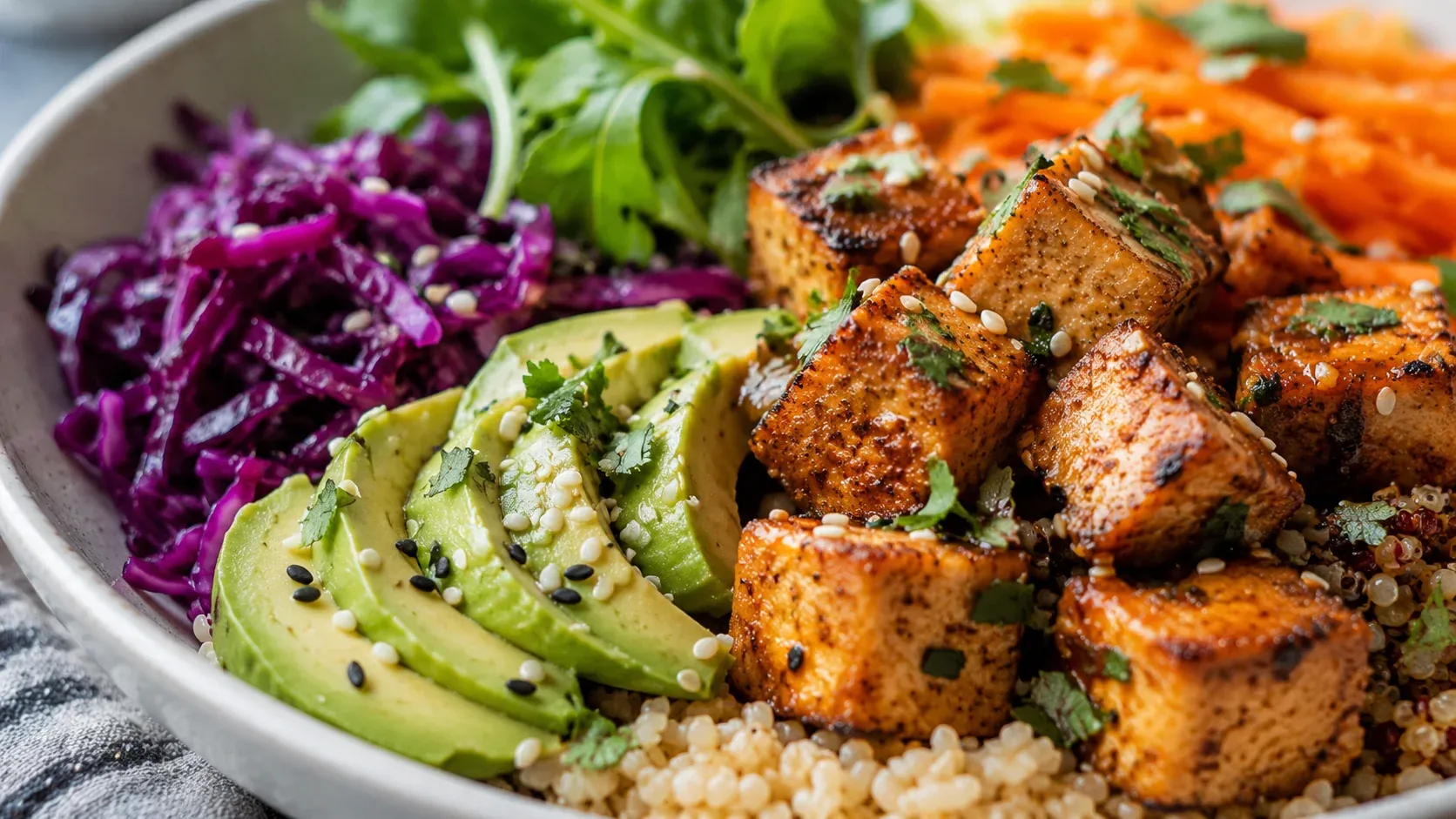 A vibrant vegan bowl with crispy spiced tofu, sliced avocado, shredded red cabbage, grated carrot, fresh arugula, quinoa and sesame seeds.