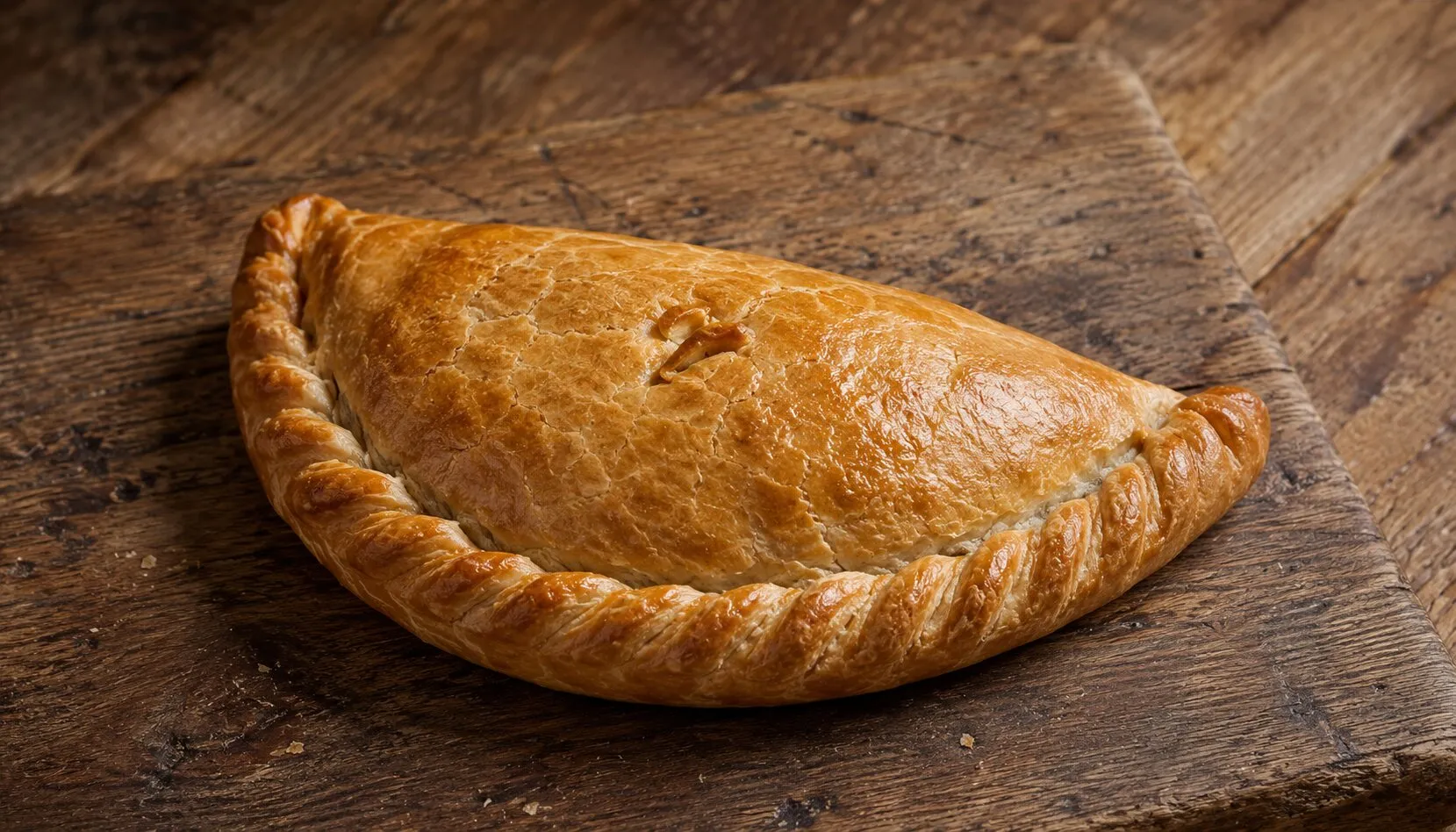 A traditional Cornish pasty, golden and D-shaped with the crimp along one side, on a wooden board, the classic hand-held meal of Cornwall.