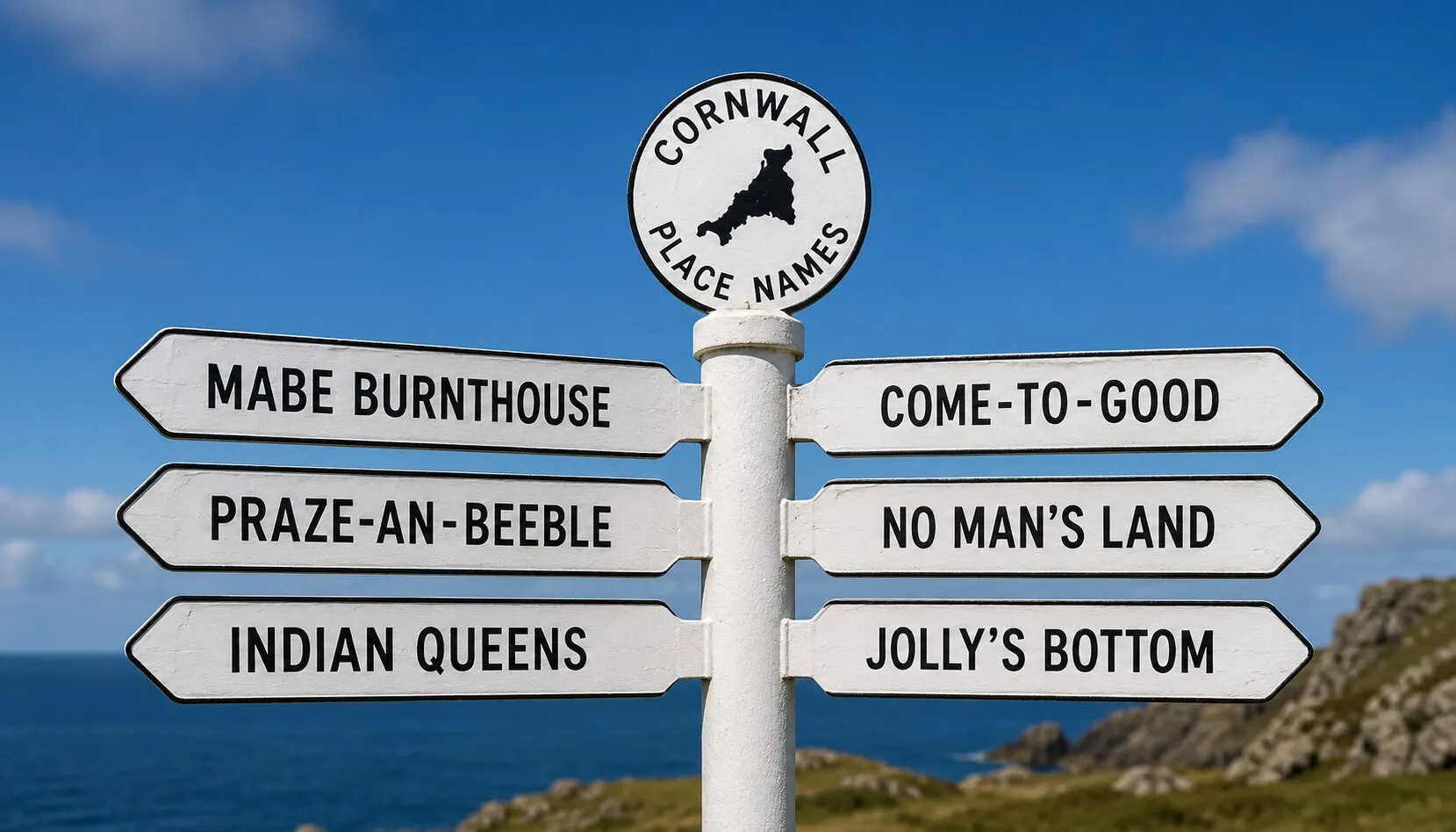A classic black-and-white Cornish fingerpost against a blue sky and the coast, with a round topper reading Cornwall Place Names above a silhouette of Cornwall, and six arms pointing to Mabe Burnthouse, Praze-an-Beeble, Indian Queens, Come-to-Good, No Man's Land and Jolly's Bottom.
