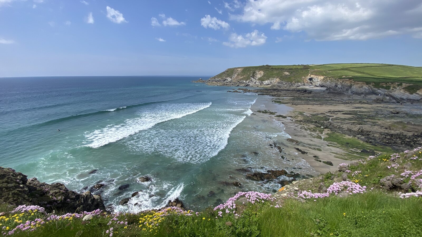 The turquoise water and rolling surf of Dollar Cove at Gunwalloe on Cornwall's Lizard Peninsula, with rocks and pebbles in the foreground, dramatic exposed cliffs running off to the headland, and pink sea thrift flowering on the clifftop in the foreground.
