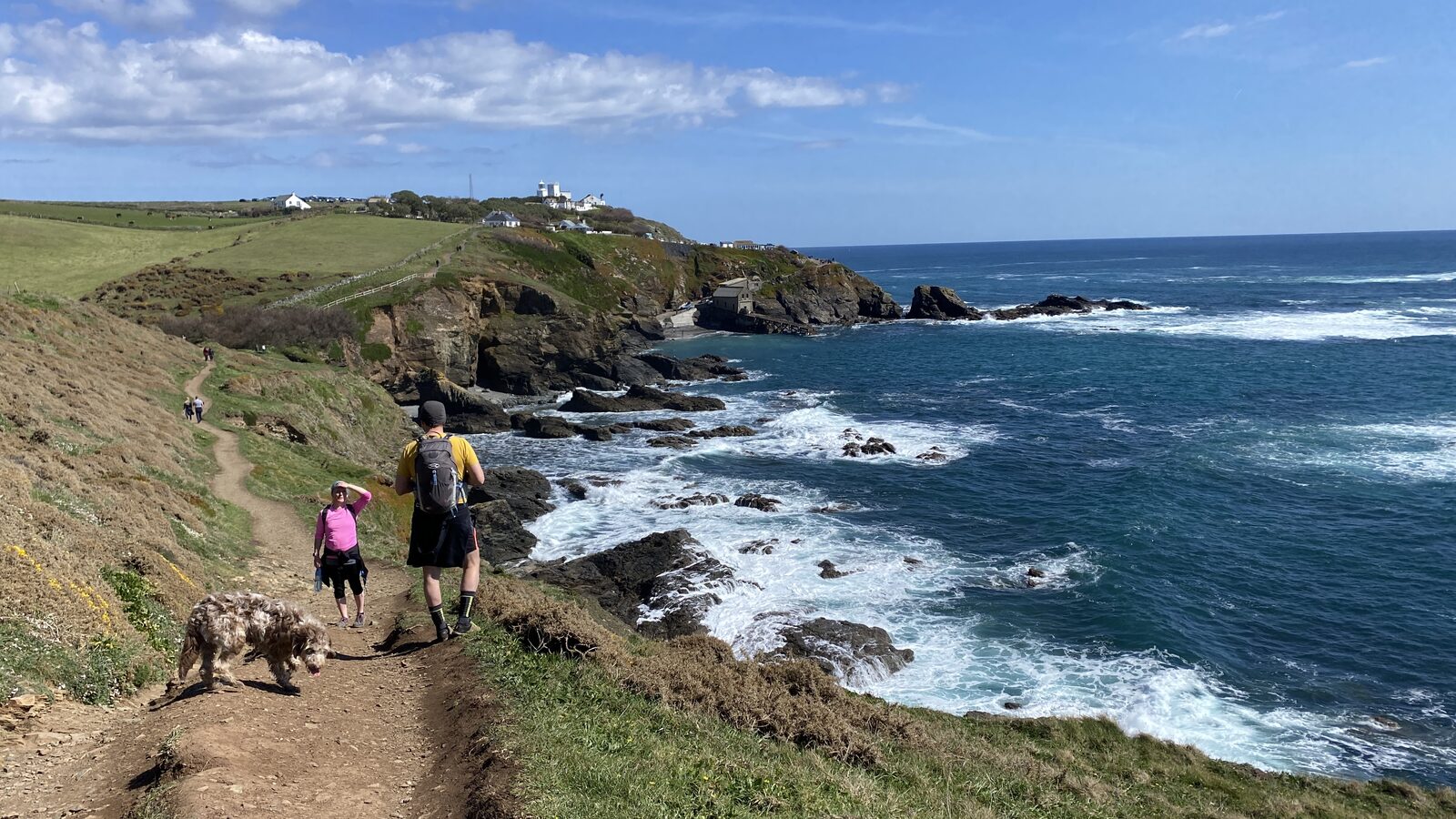 A family walking with a dog along the South West Coast Path approaching Lizard Point, with the historic Lizard Lighthouse visible on the headland and waves breaking against the rocks below.
