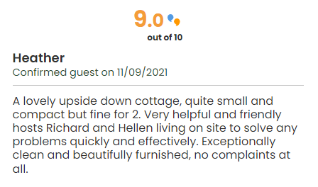 A screencap of a review of a holiday cottage scoring 9 out of 10
