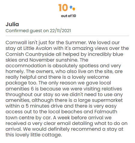A screencap of a review of a holiday cottage scoring 10 out of 10
