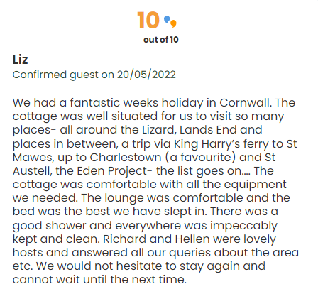 A screencap of a review of a holiday cottage scoring 10 out of 10