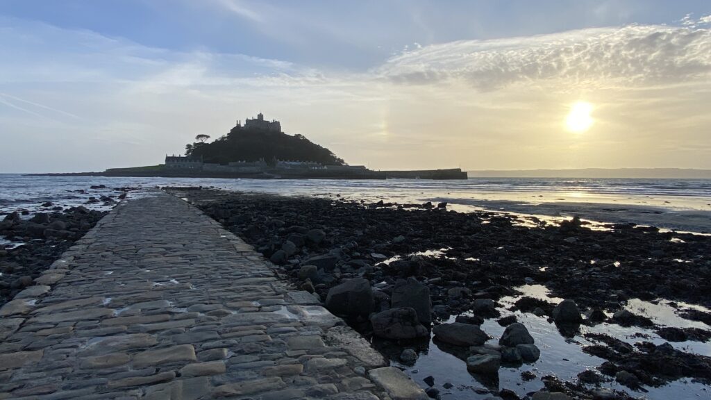 St Michaekl's mount seen from Marazion across the causeway leading to the island